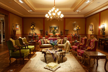 Showroom exhibited modern production furniture in classical period style arranged in a lavishly decorated interiors.