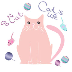 funny pink cat. vector illustration of a pet. cat with a mouse.