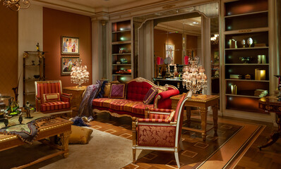 Showroom exhibited modern production furniture in classical period style arranged in a lavishly decorated interiors.