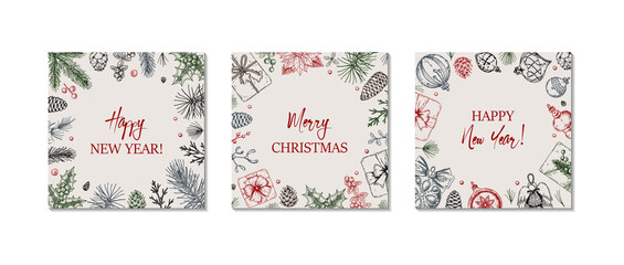Set of hand drawn Merry Christmas and Happy New greeting cards with Christmas tree branches and cones, holly leaves and berries, gift boxes. Vintage vector illustration in sketch style.