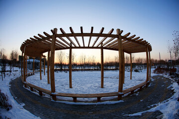 Wooden hallway  in the evening