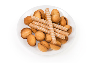 Nuts shape cookies and wafer tubes with different filling