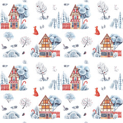 Watercolor pattern with winter trees, fox, hare and houses decorated for Christmas on a white background. Designer paper, perfect for scrapbooking, packaging, Christmas background.