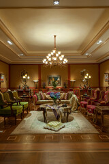 Showroom exhibited modern production furniture in classical period style arranged in a lavishly decorated interiors.