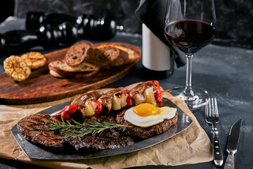 Grilled meat platter. Assorted delicious grilled meat with vegetables. Grilled mixed meat with pepper sauce and vegetables. Chef's hands spread meat on a plate