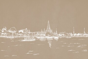 A hand-drawn of Wat Arun, Bangkok Thailand, white pencil line on watercolour background, with the word 'Wat Arun'