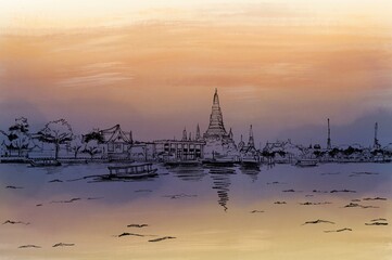 A hand-drawn of Wat Arun, Bangkok Thailand, white pencil line on watercolour background, with the word 'Wat Arun'