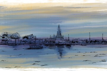 A hand-drawn of Wat Arun, Bangkok Thailand, white pencil line on watercolour background, with the word 'Wat Arun'