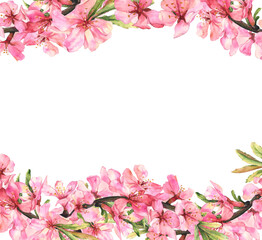 Fototapeta na wymiar Watercolor pink almond blossom border