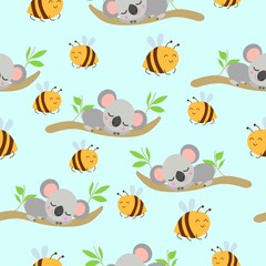 Seamless pattern with koala babies sleeping on eucalyptus branches and Yellow bees. Light blue background. Flat design. Cartoon style. Cute and funny. For kids textile, wallpaper and wrapping paper