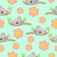 Seamless pattern with koala babies sleeping on eucalyptus branches and pink flowers. Floral ornament. Flat design. Cartoon style. Cute and funny. For kids textile, wallpaper and wrapping paper