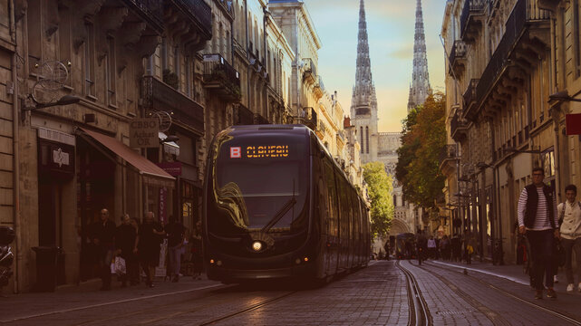 BORDEAUX-FRANCE - 19 -OCTOBER- 2019 :The City street scene with tramway in Bordeaux, France