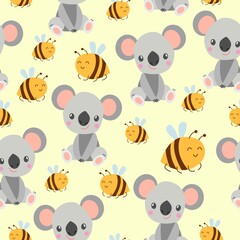 Seamless pattern with koala babies and yellow bees. Pastel yellow background. Flat cartoon style. Cute and funny. For children textile, scrapbooking, wallpaper and wrapping paper. Spring and summer