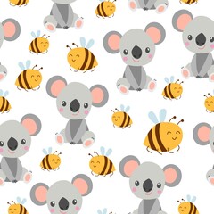 Seamless pattern with koala babies and yellow bees. White background. Flat cartoon style. Cute and funny. For children textile, scrapbooking, wallpaper and wrapping paper. Spring and summer ornament