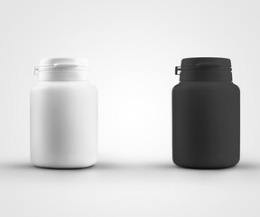 Mockup of white, black tall jar with first tamper control isolated on background.