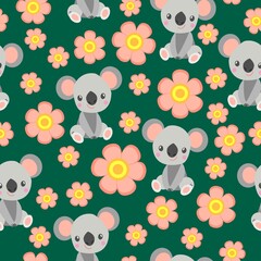 Seamless pattern with koala babies and pink flowers. Green background. Floral ornament. Flat cartoon style. Cute and funny. For kids textile, wallpaper and wrapping paper. Spring and summer