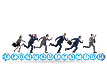 Concept of conveyor belt with reorganisation and businessmen