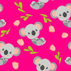 Seamless pattern with smiling koala baby and pink tulips. Pink background. Flat cartoon style. Cute and funny. For kids postcards, textile, wallpaper and wrapping paper. Summer and spring ornament