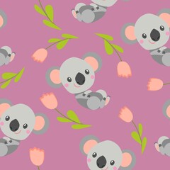 Seamless pattern with smiling koala baby and pink tulips. Peony pink background. Flat cartoon style. Cute and funny. For postcards, textile, wallpaper and wrapping paper. Summer and spring ornament