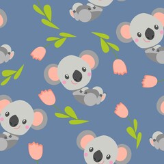 Seamless pattern with smiling koala baby and pink tulips. Blue gray background. Flat cartoon style. Cute and funny. For postcards, textile, wallpaper and wrapping paper. Summer and spring ornament