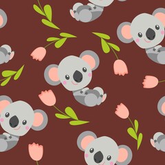 Seamless pattern with smiling koala baby and pink tulips. Brown background. Flat cartoon style. Cute and funny. For kids postcards, textile, wallpaper and wrapping paper. Summer and spring ornament