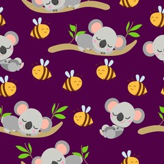 Seamless pattern with koala sleeping on eucalyptus branches and yellow bees. Dark purple background. Flat cartoon style. Cute and funny. For postcards, textile, wallpaper, prints and wrapping paper