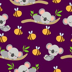 Fototapeta premium Seamless pattern with koala sleeping on eucalyptus branches and yellow bees. Dark purple background. Flat cartoon style. Cute and funny. For postcards, textile, wallpaper, prints and wrapping paper