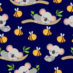 Seamless pattern with koala sleeping on eucalyptus branches and yellow bees. Dark blue background. Flat cartoon style. Cute and funny. For postcards, textile, wallpaper, prints and wrapping paper
