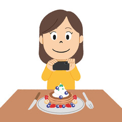 パンケーキをSNSに投稿する女性