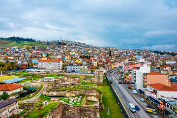 Fototapeta na wymiar Agora Ancient city of Smyrna and Izmir City panoramic view in Turkey