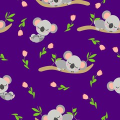 Seamless pattern with koala sleeping on eucalyptus branches and pink tulips. Violet background. Flat cartoon style. Cute and funny. For postcards, textile, wallpaper, prints and wrapping paper