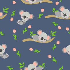 Seamless pattern with koala sleeping on eucalyptus branches and pink tulips. Blue gray background. Flat cartoon style. Cute and funny. For postcards, textile, wallpaper, prints and wrapping paper
