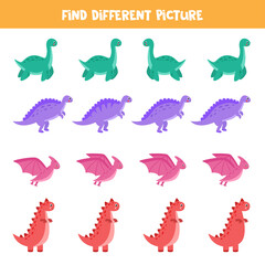 Find different dinosaur in each row. Logical game for kids.