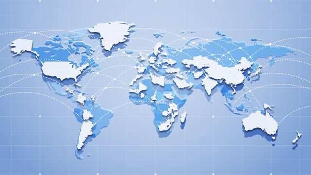 Vector outline image of planet Earth with continents and countries. Economic ties. Global communication system and the Internet. Blue technological background. 3D effect and perspective.
