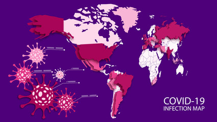 Vector background. Infographics. Geographic map. Coronavirus infection statistics by country. Covid-19. Epidemiological map of the spread of the virus. Planet Earth with contours of countries. 3D.