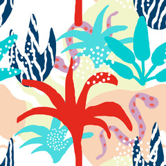 Fototapeta premium Red and Blue Leaves and Doodles Summer Vector