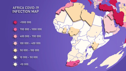 Vector background. Infographics. Geographic map of Africa. Coronavirus infection statistics in African countries. Covid-19. Epidemiological map of the spread of the virus. Continent of planet Earth.