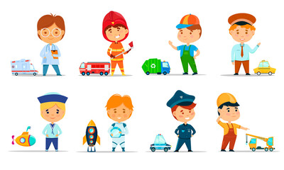 Set of cartoon kids in various professions with vehicles.  Fireman,taxi driver, sailor,policeman,doctor,astronaut. Cartoon character. Vector illustration