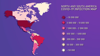 Vector background. Infographics. Geographic map of North and South America. Coronavirus infection statistics in the Americas. Covid-19. Epidemiological map of the spread of the virus. Planet Earth. 