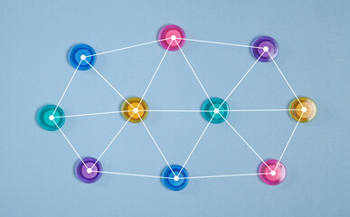 Colorful buttons. Network on the blue background.