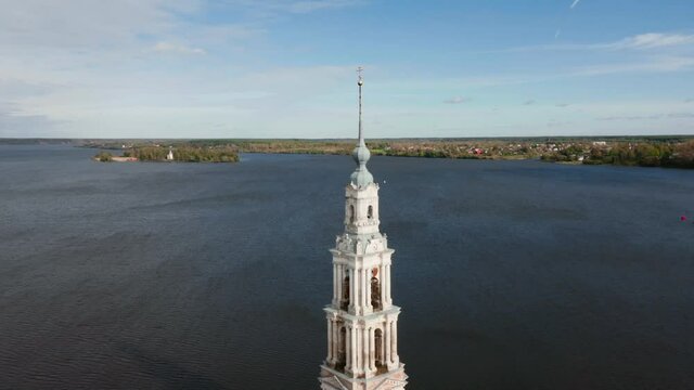Aerial view of the spire of the bell tower in Kalyazin