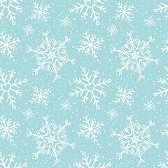 Seamless pattern with snowflakes. Winter inspiration. Christmas season. For greeting card, banner, web, scrapbooking. White and turquoise background. Vector illustration, flat design