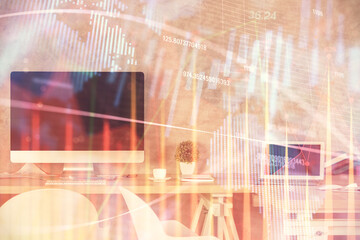 Multi exposure of financial graph drawing and office interior background. Concept of market analysis.