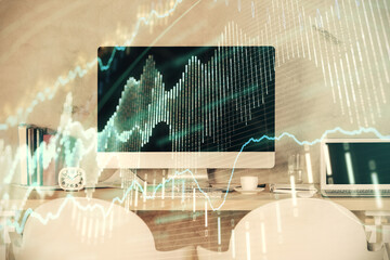 Obraz na płótnie Canvas Multi exposure of stock market chart drawing and office interior background. Concept of financial analysis.