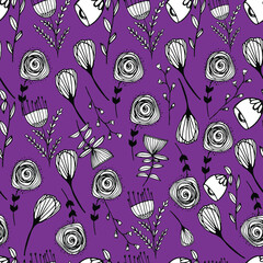 Pattern with spring flowers, hand-drawn liner.
Decorative wildflowers, Plant lithization, small beautiful plants. For textiles, wallpaper, packaging, paper. Isolate. Stock graphics.