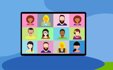 Vector of various avatars of male and female on screen