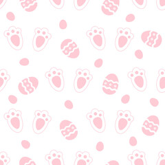 Seamless pattern with rabbit foot prints and Easter eggs on white background vector illustration.