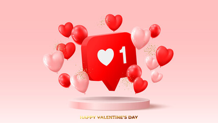 Happy Valentine's Day holiday banner. Like symbol, realistic red balloons and golden confetti on pink podium. Vector illustration with 3d decorative objects for Valentine's Day.