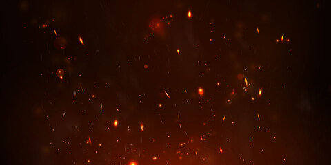 Sparks fly up Glowing particles on a black background and with flames