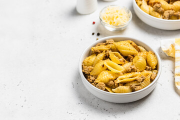 Minced beef pasta. Space for text.